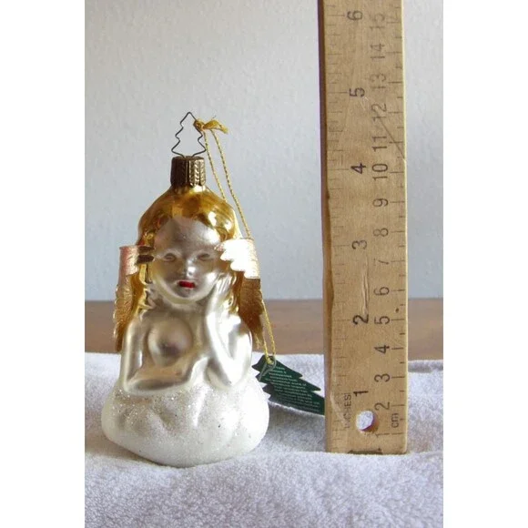 Whitehurst Blown Glass Angel Christmas Ornament Germany Cloud White Gold Glitter - Picture 3 of 10